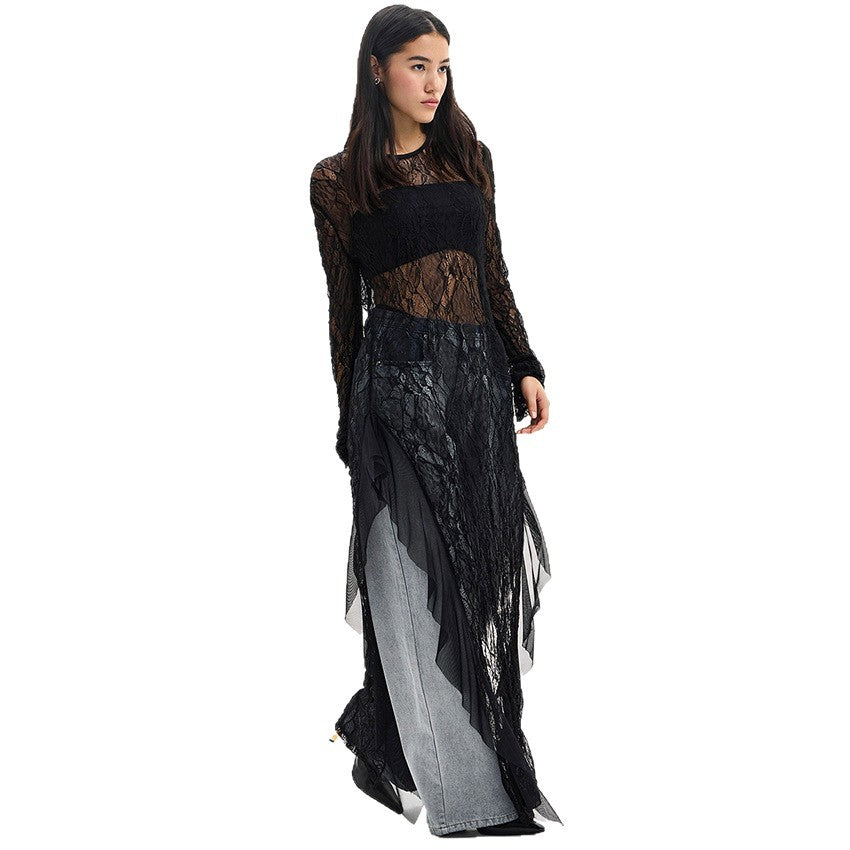Lace See-Through Long-Sleeve Dress