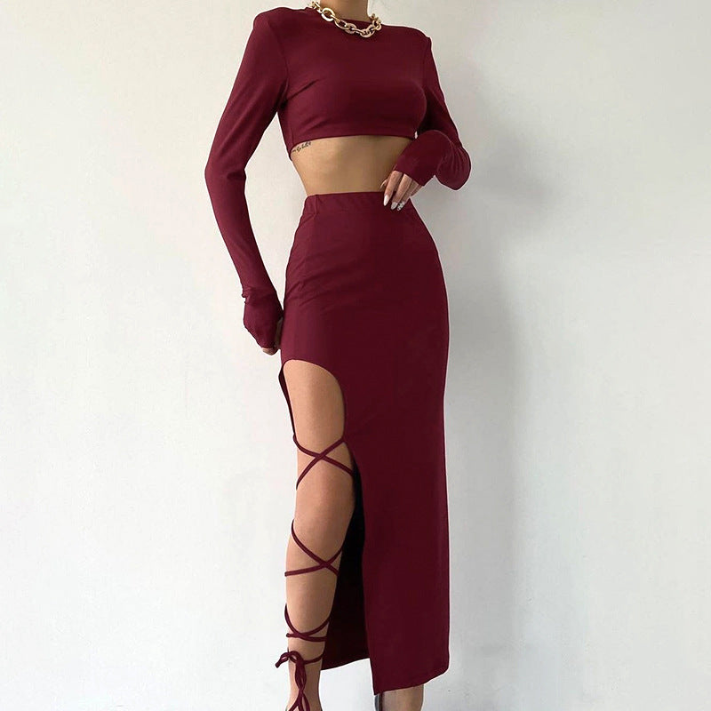 Crop Top and Half Skirt with One Strap Set