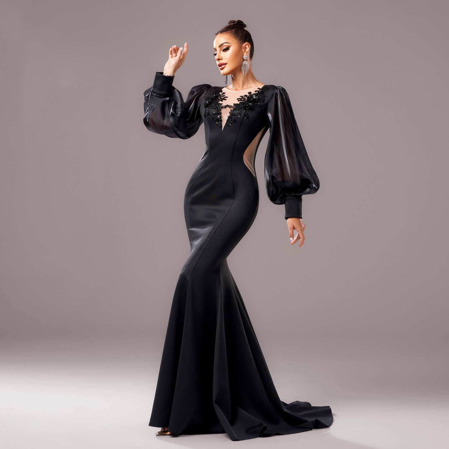Black Banquet Applique Sheath Fishtail Dress