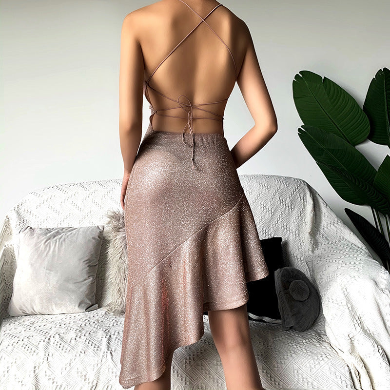 Bright Silk Sling Halter Strap Dress Women