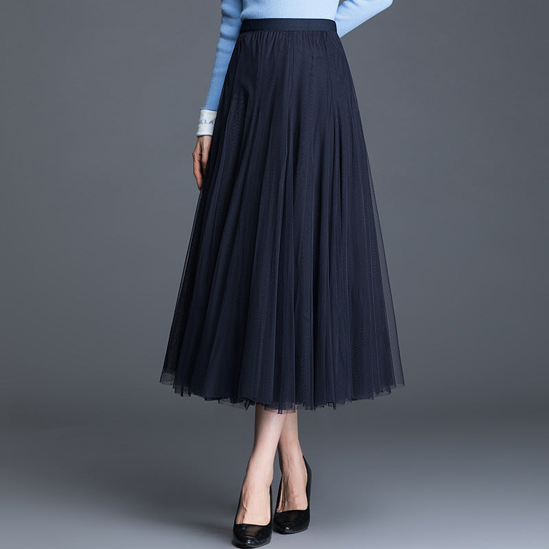 Mid-Waist Pleated Flowy Mesh Lace Skirt