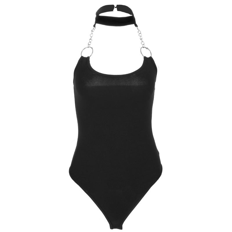 Iron ring zip hanging neck halter Bodysuit