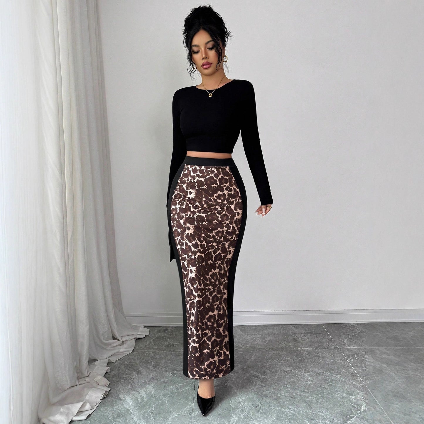 Leopard-Print Bodycon Split Skirt