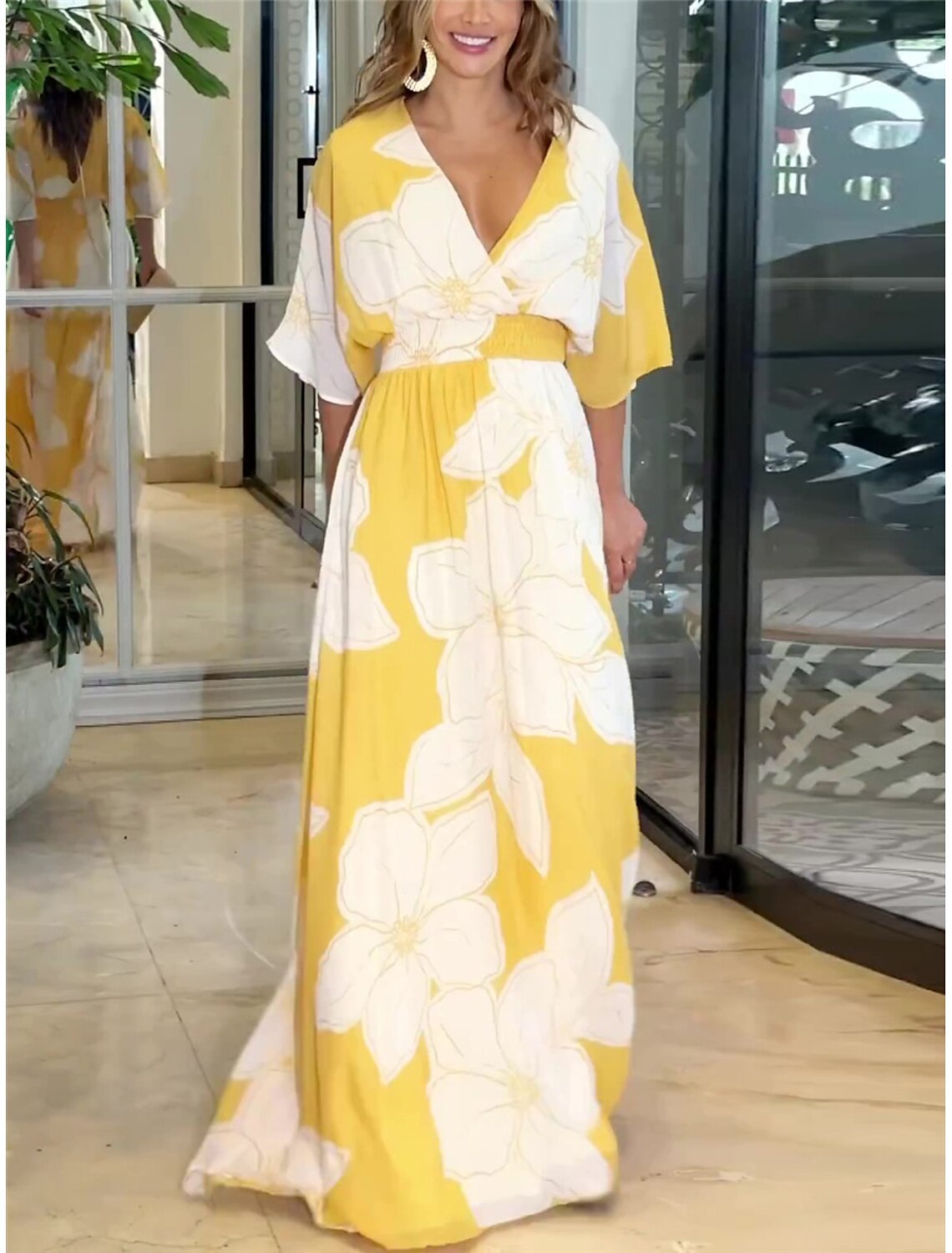 Flower Printed V-neck Batwing-sleeved Dress Fashion Elegant Backless Long Dresses Women's Clothing