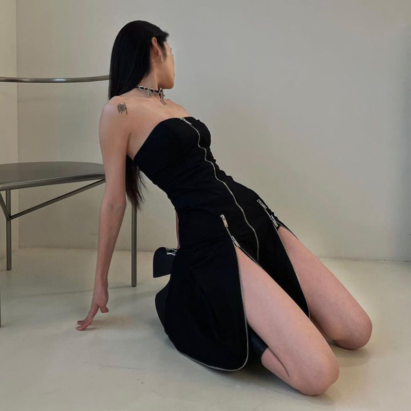 Zipper Design Tube Top Split Dress