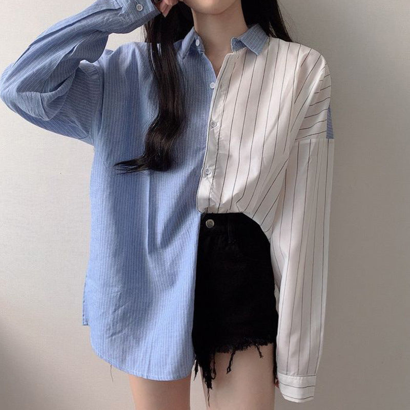 Dual Stitching Loose Striped Shirt Blouse