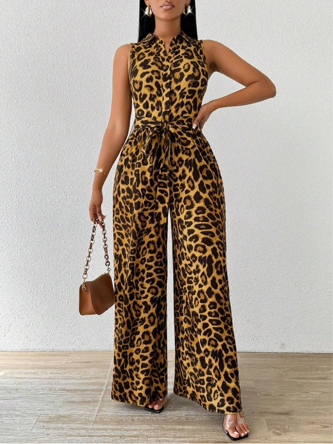 Wide Leg Lace Leopard Print Jumpsuit