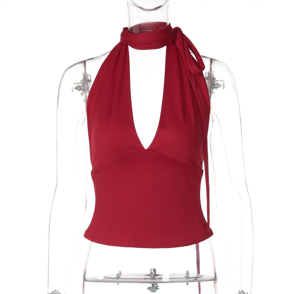 Deep V-Neck Backless Slim-Fit Solid-Color Lace-Up Tank Top