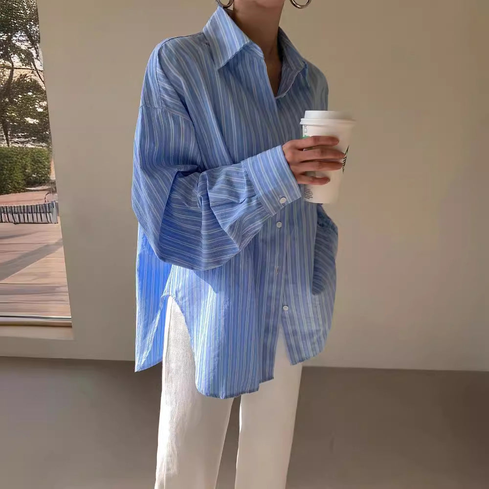 Striped Cotton Blue Shirt Blouse