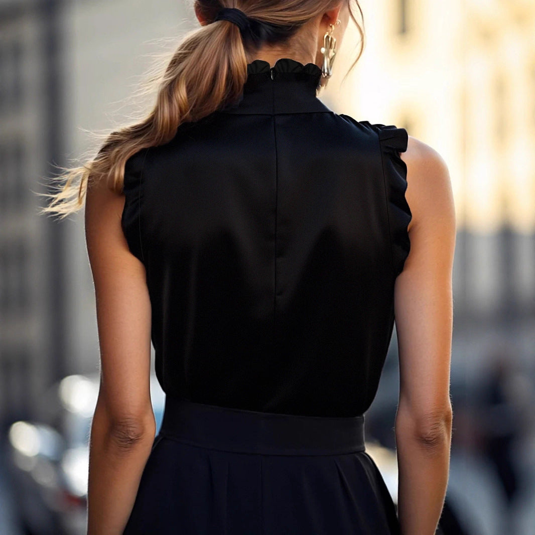 Black Bud-collar Silk Blouse Top