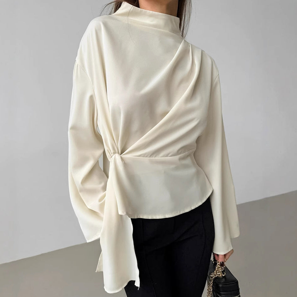 Stand Collar Chiffon Bell Sleeve Pleated Blouse
