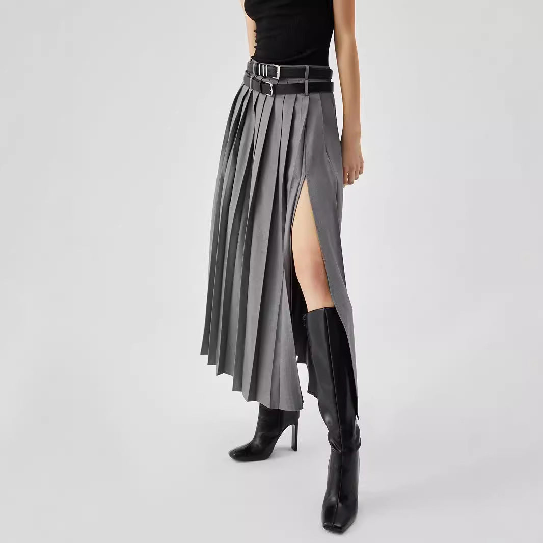 High Waist Slimming Slit Pleated Skirt