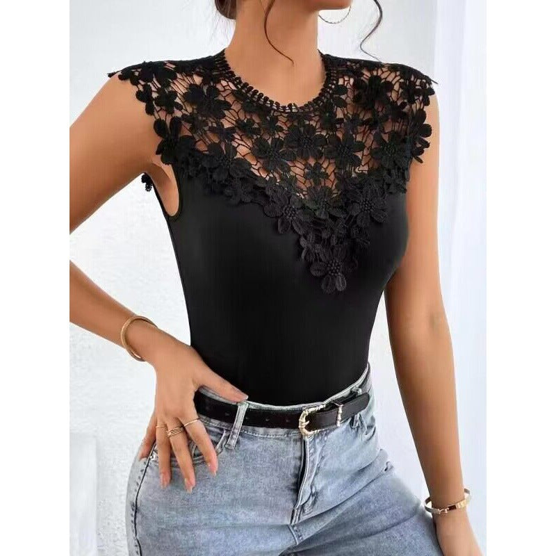 Lace Spliced Sleeveless Blouse