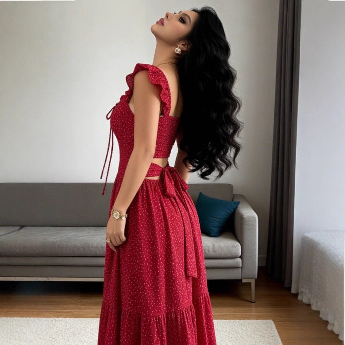 Red Halterneck Floral Print Square-cut Dress