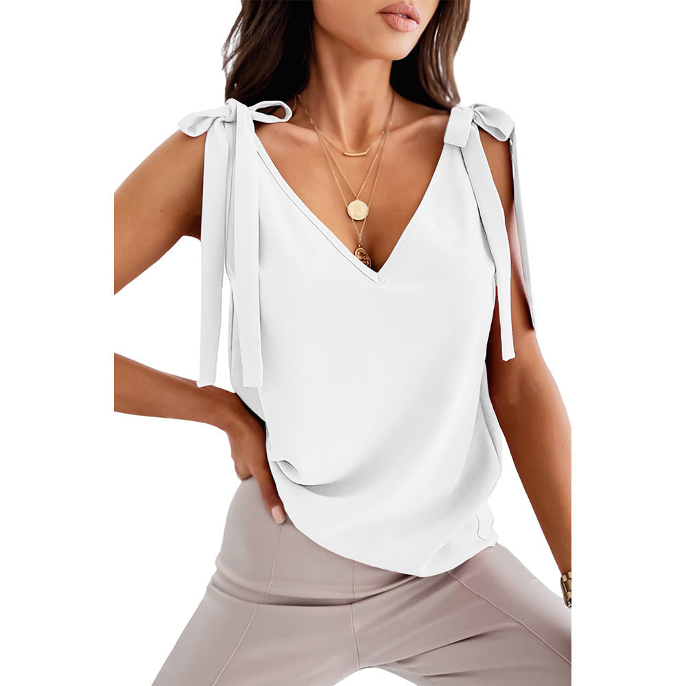 Bowknot Tie Up Camisole V-neck Shirts Women Summer Sleeveless Tank Top