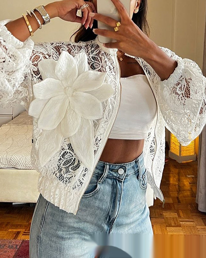 Sheer Lace Fabric Cropped Jacket With 3D Floral Detailing
