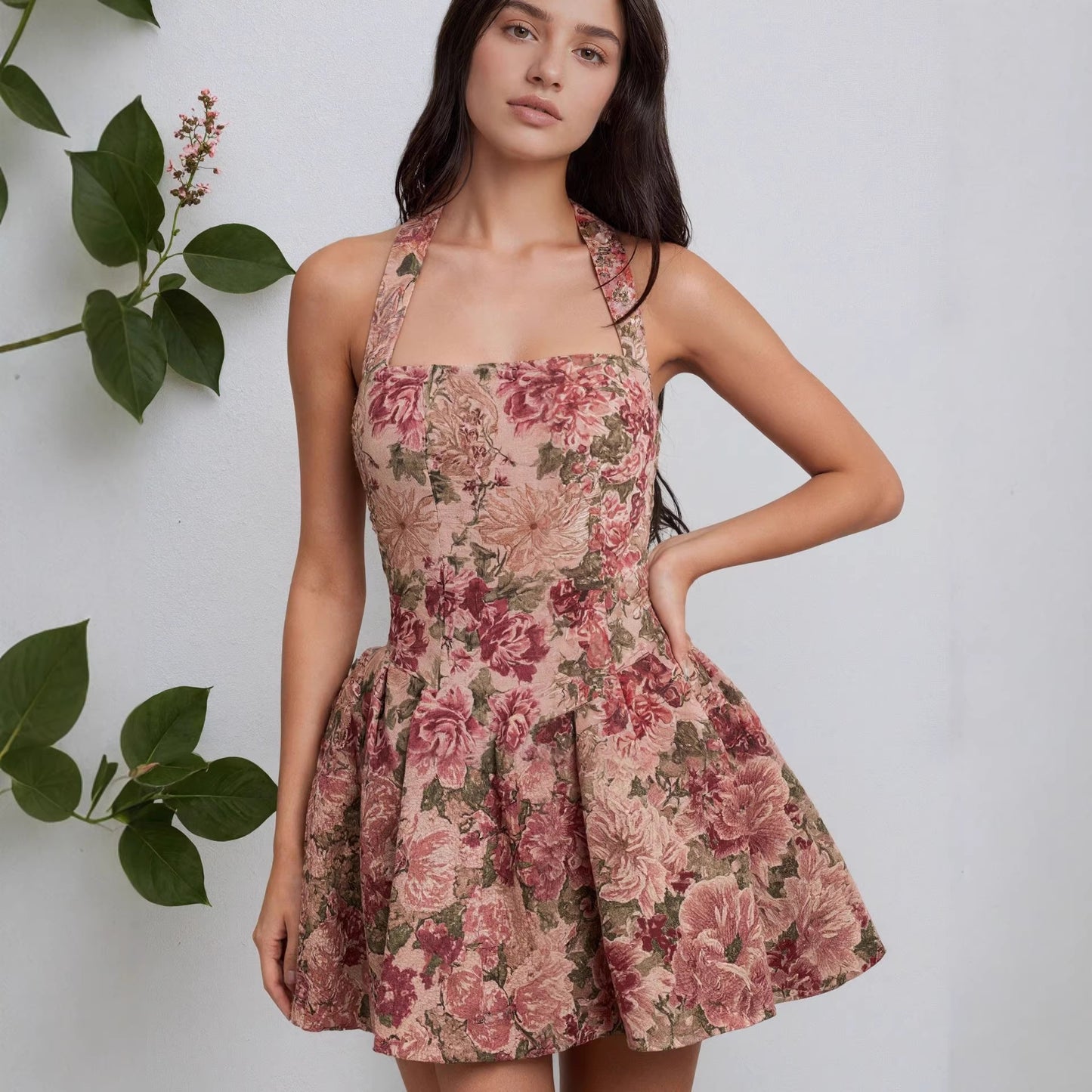 Strapless Cinched Waist Floral Mini Backless Dress