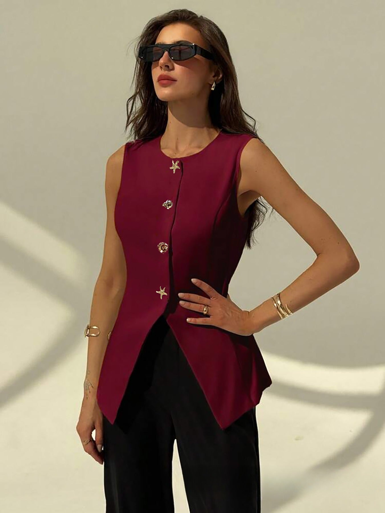 Sleeveless Waist-cinching Button Vest