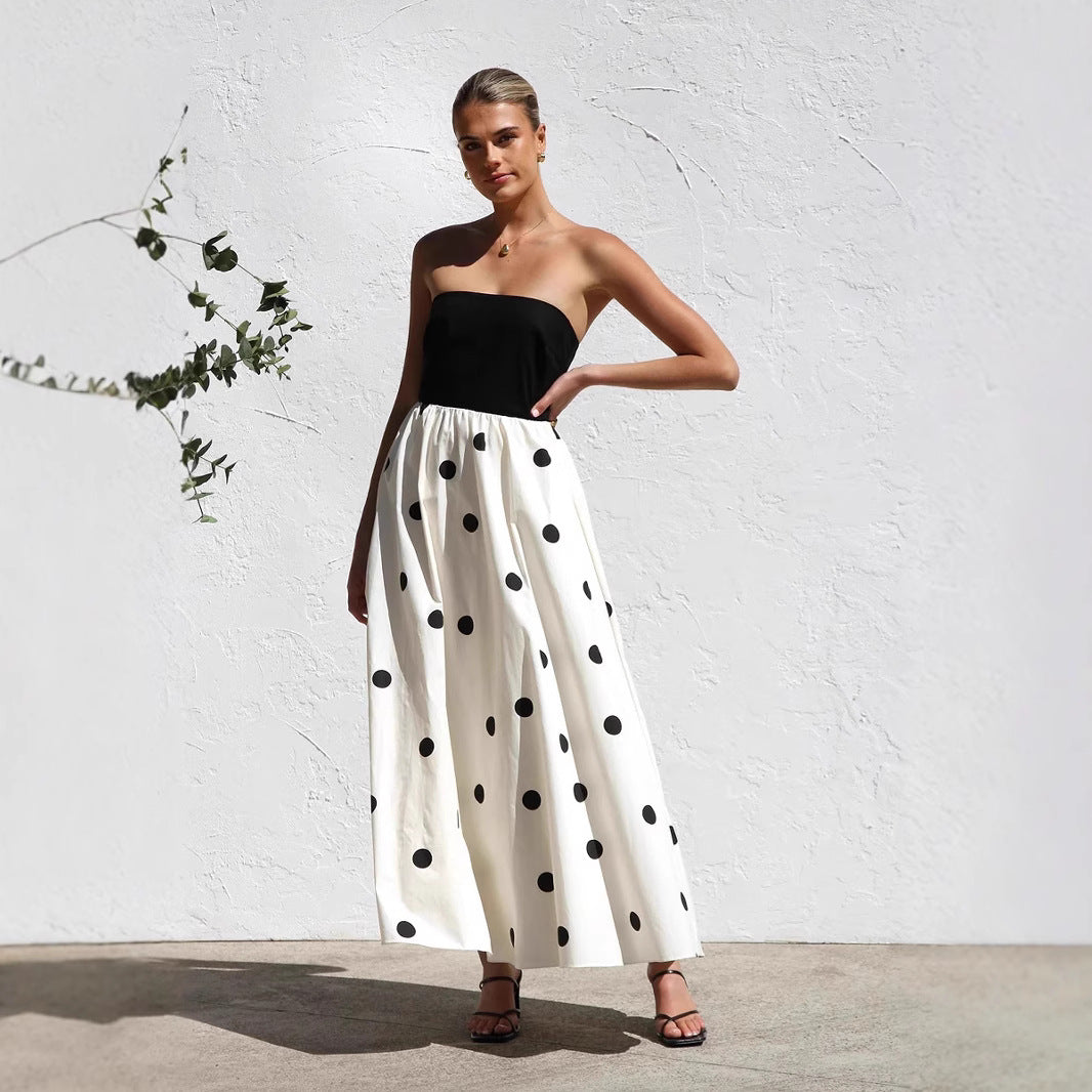 Polka Dot Print Strapless Top with A- Line skirt Dress