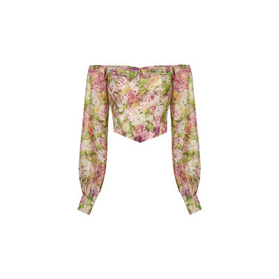 Off-the-shoulder Long-sleeve Floral Chiffon Shirt Thin French