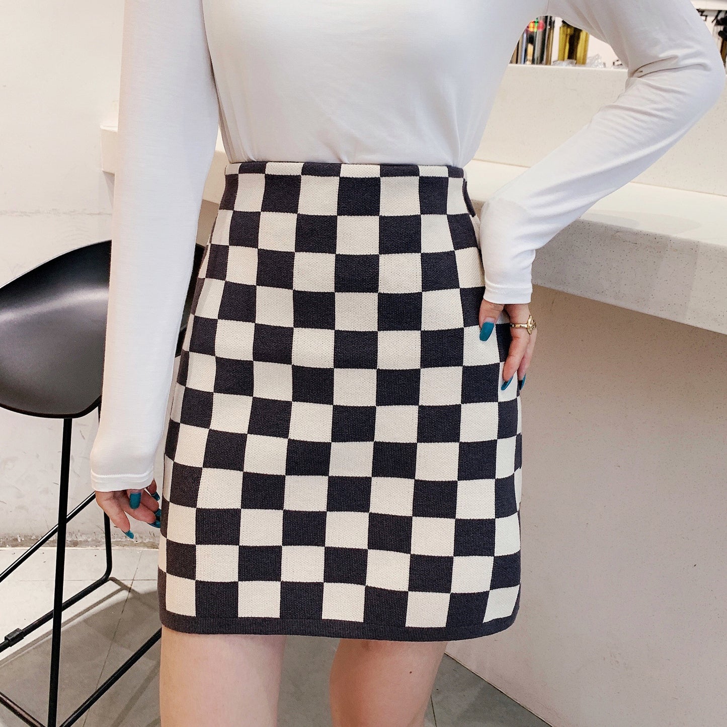 High-waist Plaid Knitted Skirt