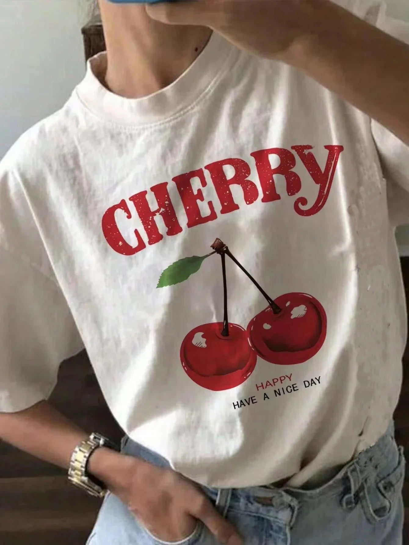 100% cotton Women Loose Fashion Cherry T-Shirt Cherry Oversize O-Neck Tops Tees T Shirt Short Sleeve Clothing Female Casual