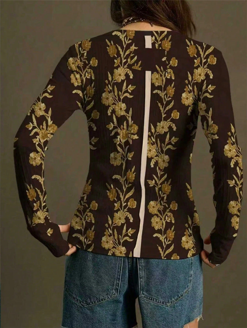 Retro Floral-print Knit Slim-fit Blouse Top