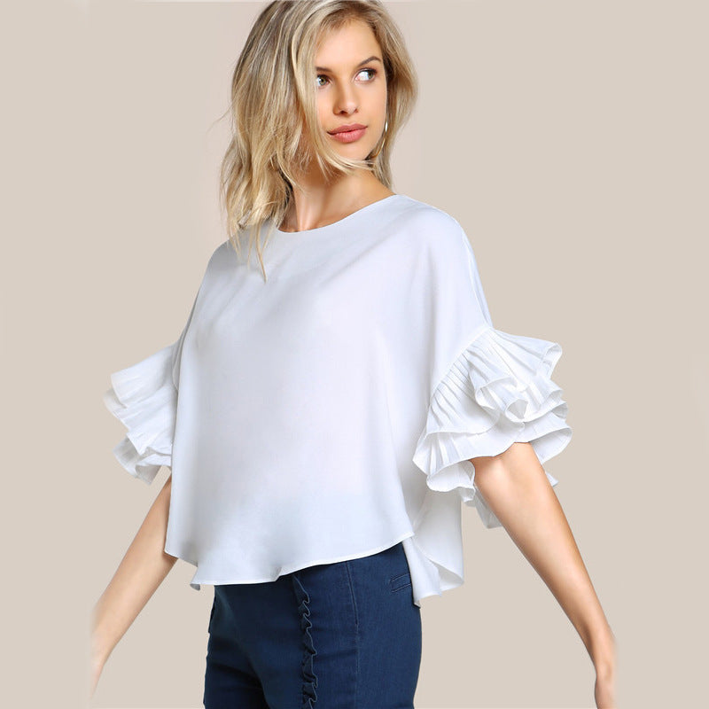 Ladies T-shirt Round Neck Lotus Leaf Double Layer Bell Sleeve Short Chic Top