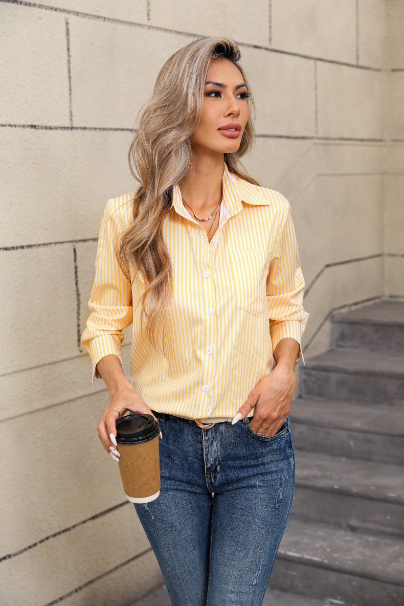 Striped Loose-Fit Casual Collared Long-Sleeve Shirt