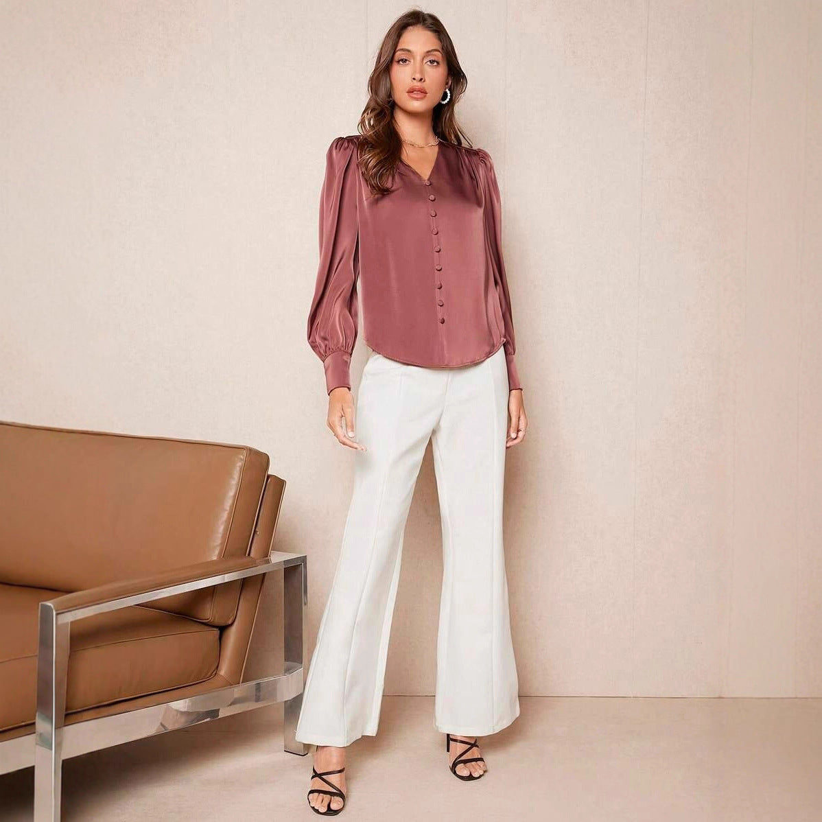 Satin Button V-neck Puff Sleeve Blouse