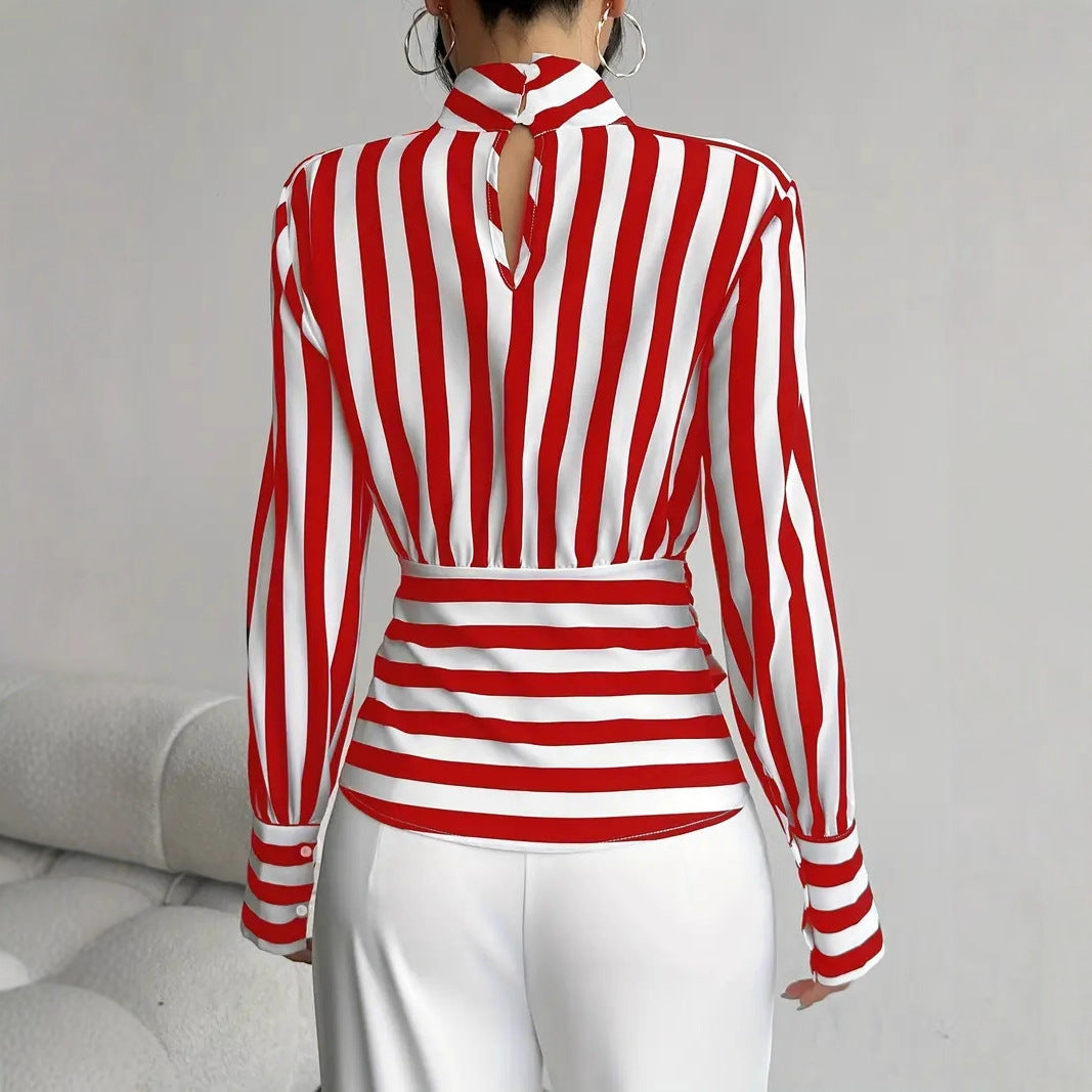 Vintage Scarf-Neck Striped Blouse