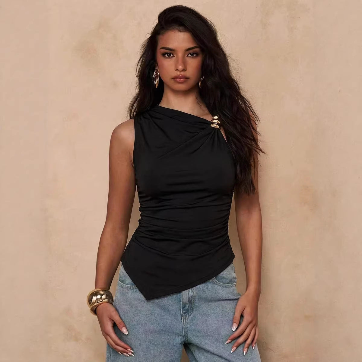 Asymmetrical Pleated Figure-flattering Tank Top