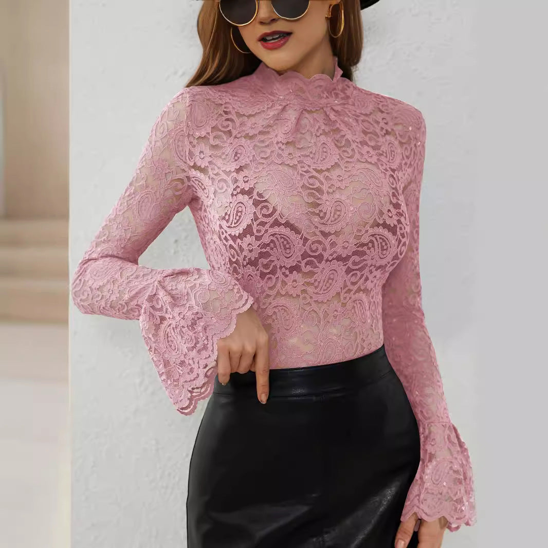Paisley see through Lace Slim-fit Flared Sleeves Top