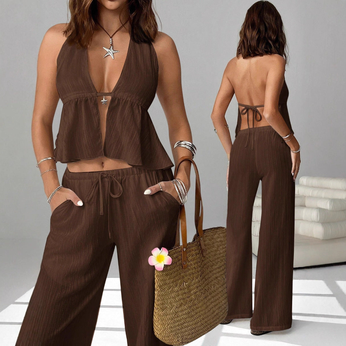 Halterneck Strap Sexy Backless Sleeveless Tank Top Set