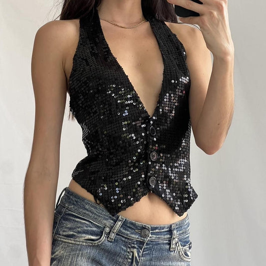 Halterneck Sequins Backless Button-up Crop Top
