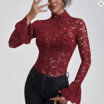 Paisley see through Lace Slim-fit Flared Sleeves Top