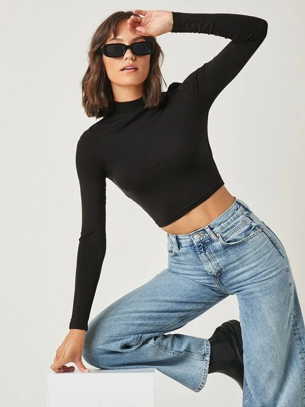 Tight Long Sleeve Half Turtleneck Crop Top