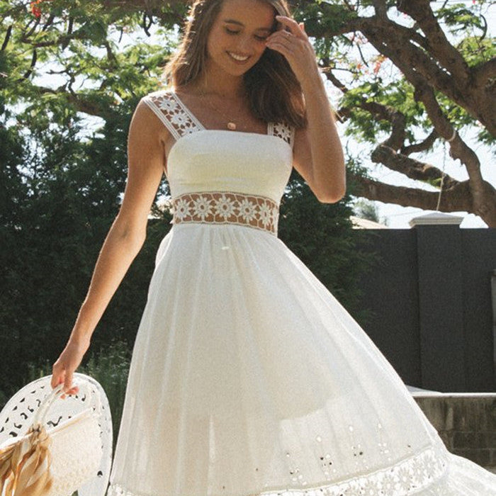 Yojoceli Sexy long women summer white lace dress Casual beach boho maxi dress Sweet sleeveless floral hollow out dress
