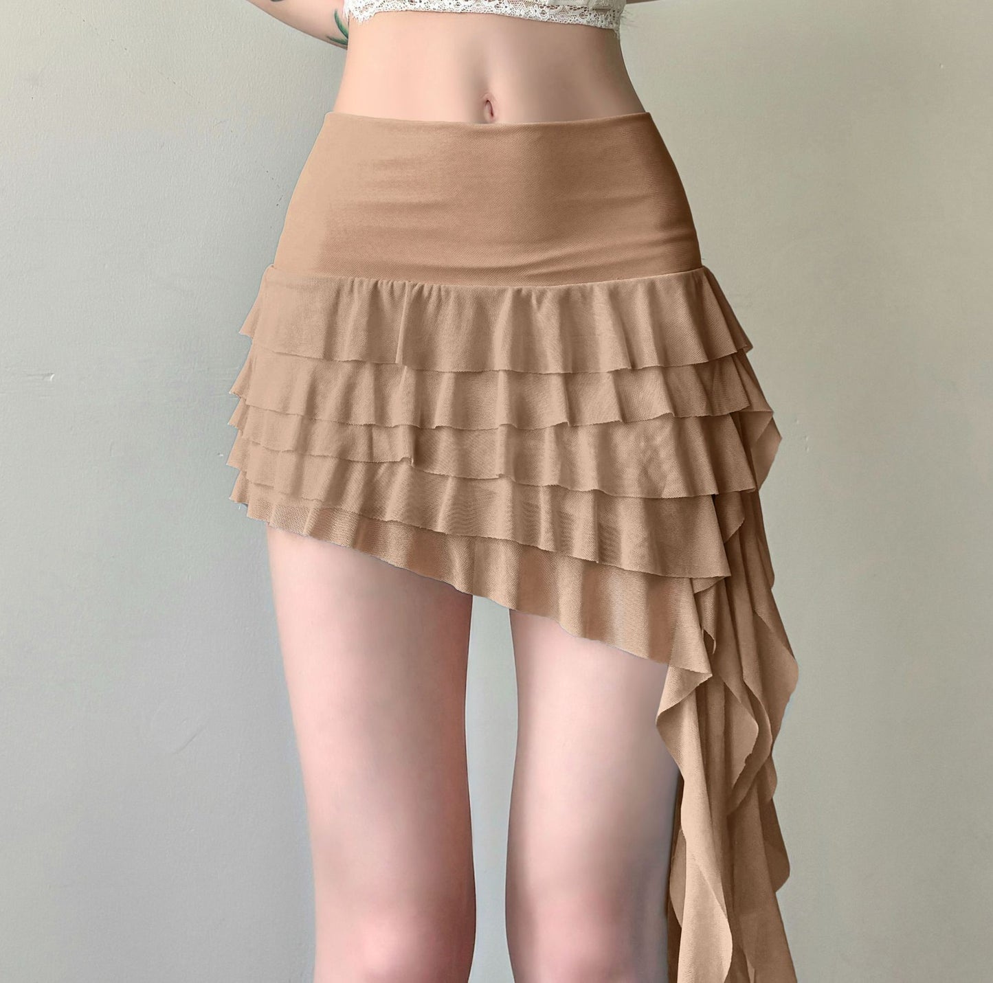 Low Waist Ribbon Irregular Tulle Mini Skirt