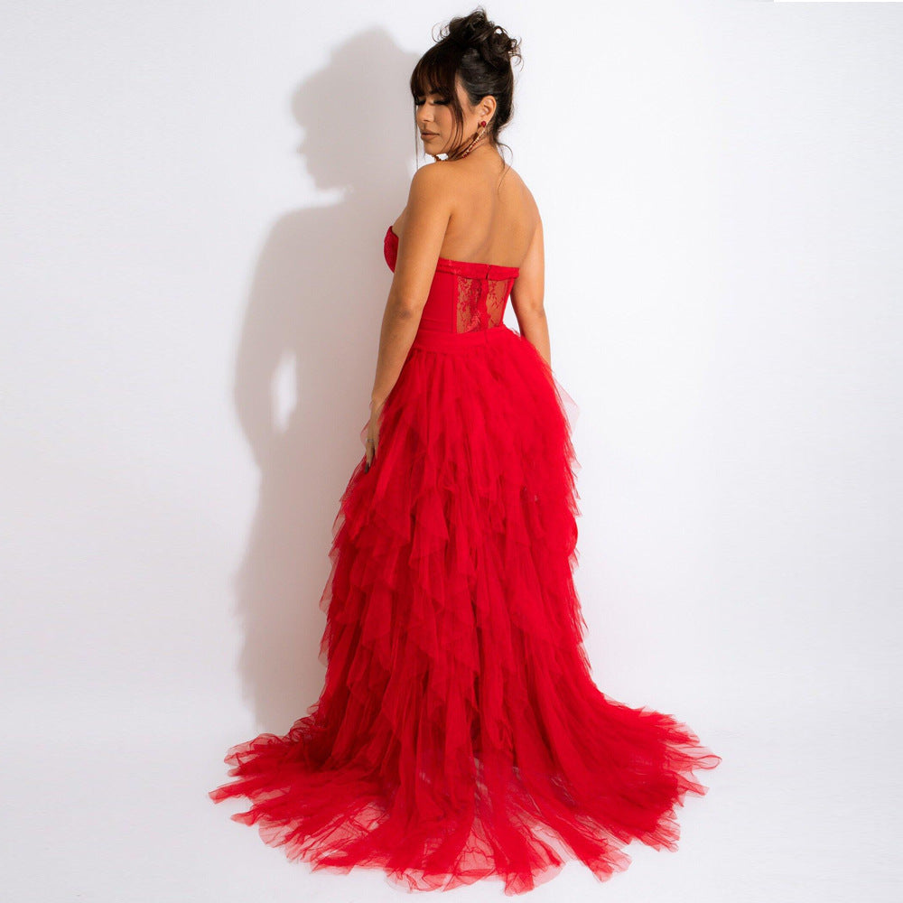 Lace Strapless Tube Chiffon Dress