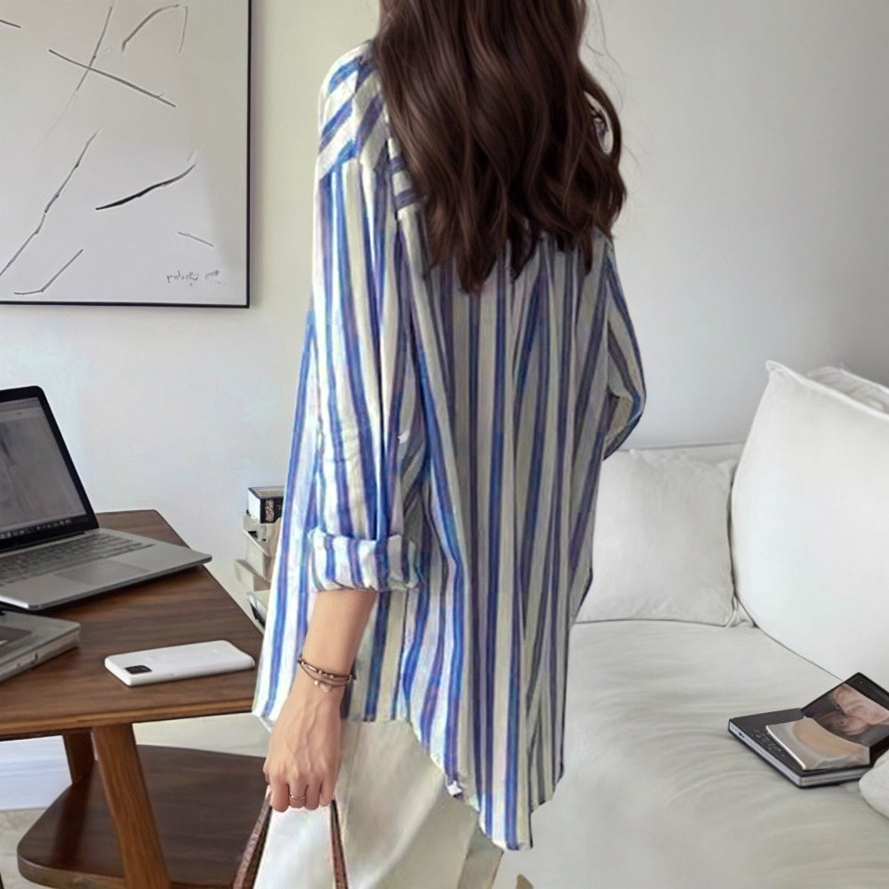 Long Sleeve Blue and White Striped Shirt Blouse