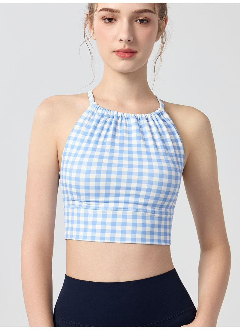 Polka-Dot Plaid Printed Halterneck Tank Top