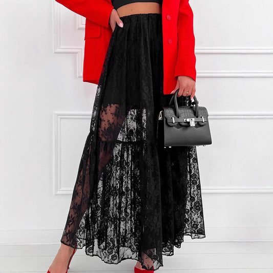 Sheer Polyester Lace A-Line Long Skirt