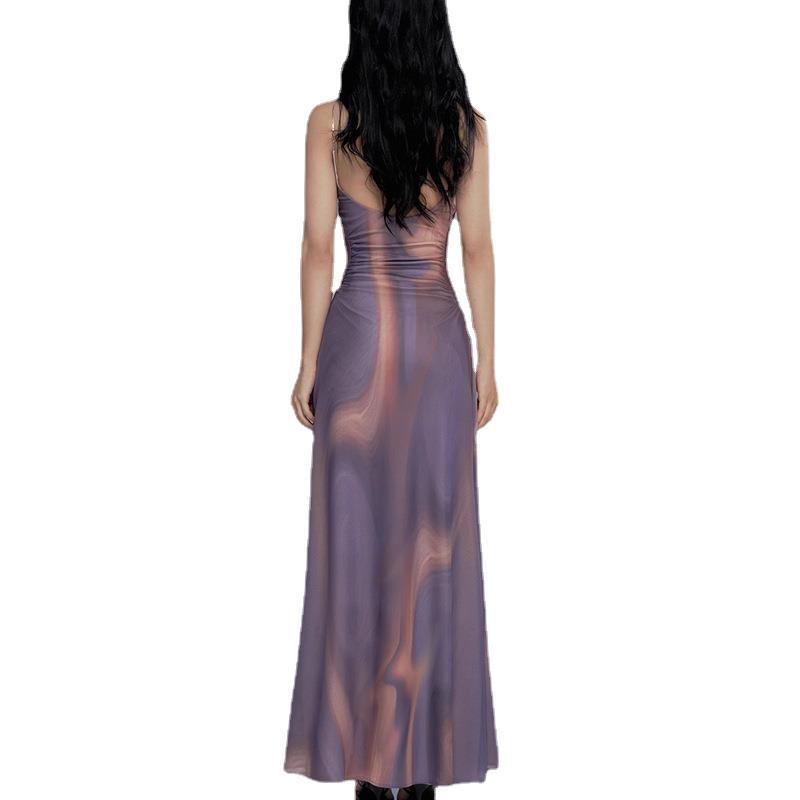 Vacation Style Contrast Color Pleated Off-the-shoulder Slip Dress