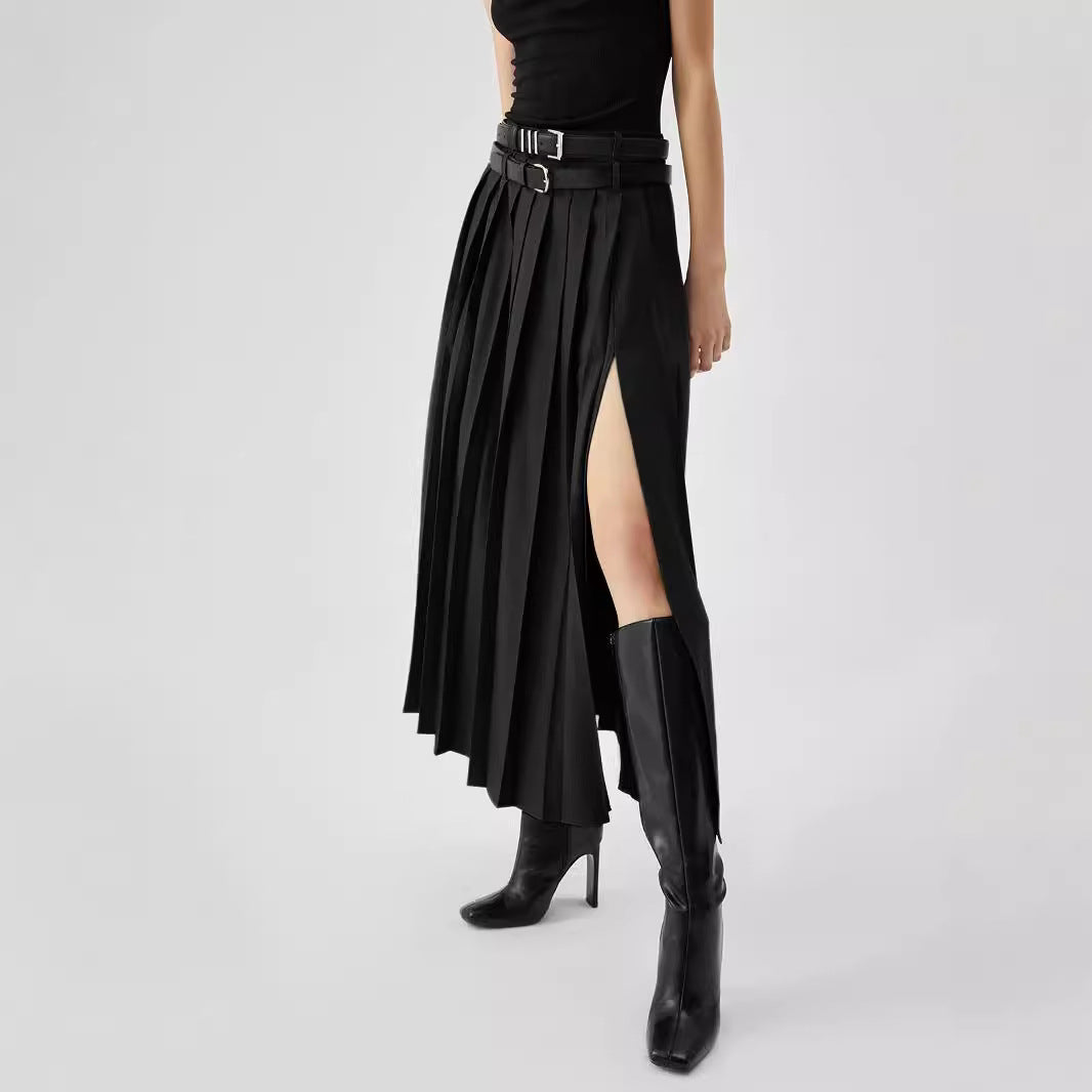 High Waist Slimming Slit Pleated Skirt