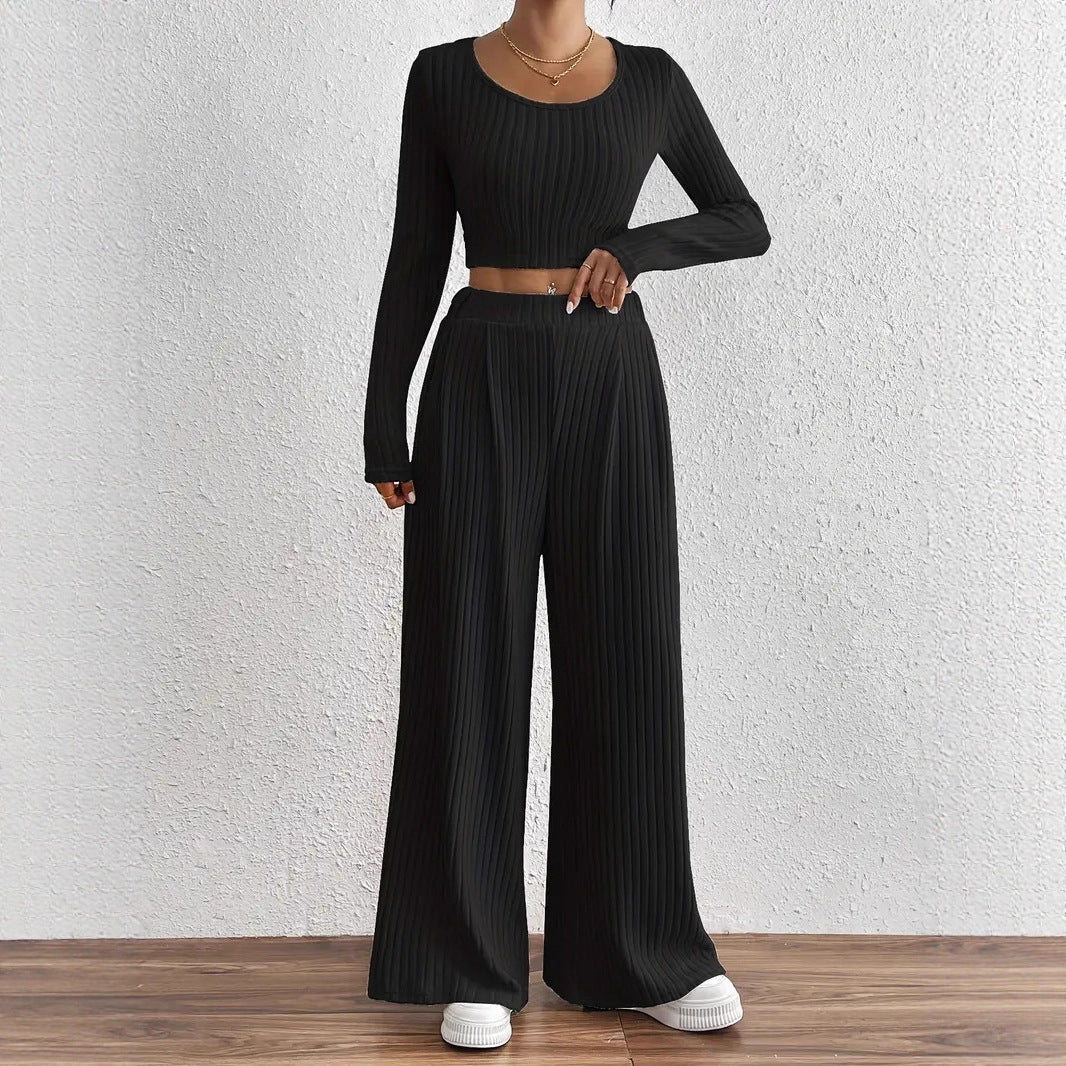 Solid Color Rib Knitted Trousers Mid-waisted Figure Flattering Women's Casual Suits