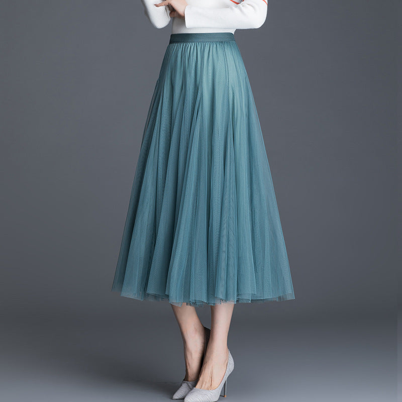 Mid-Waist Pleated Flowy Mesh Lace Skirt