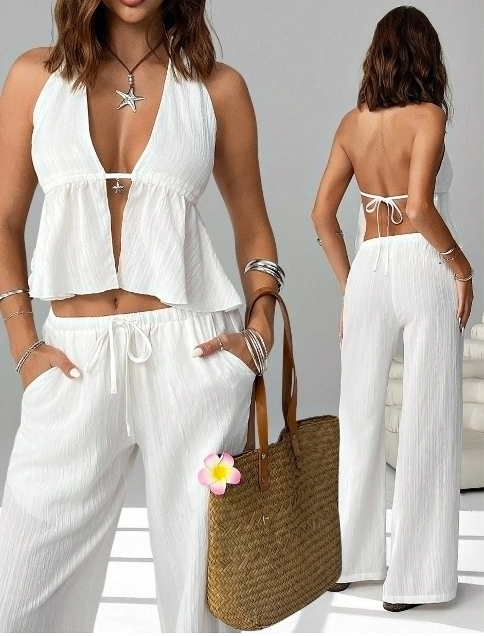 Halterneck Strap Sexy Backless Sleeveless Tank Top Set