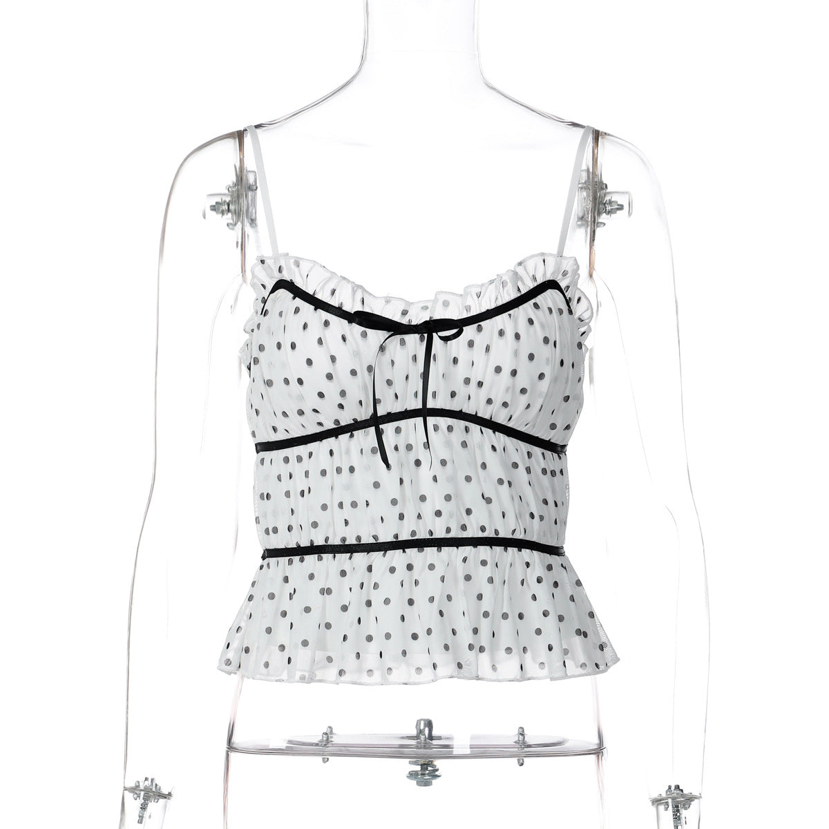 Womens Polka-Dot Printed Mesh Sexy Low-Cut Camisole