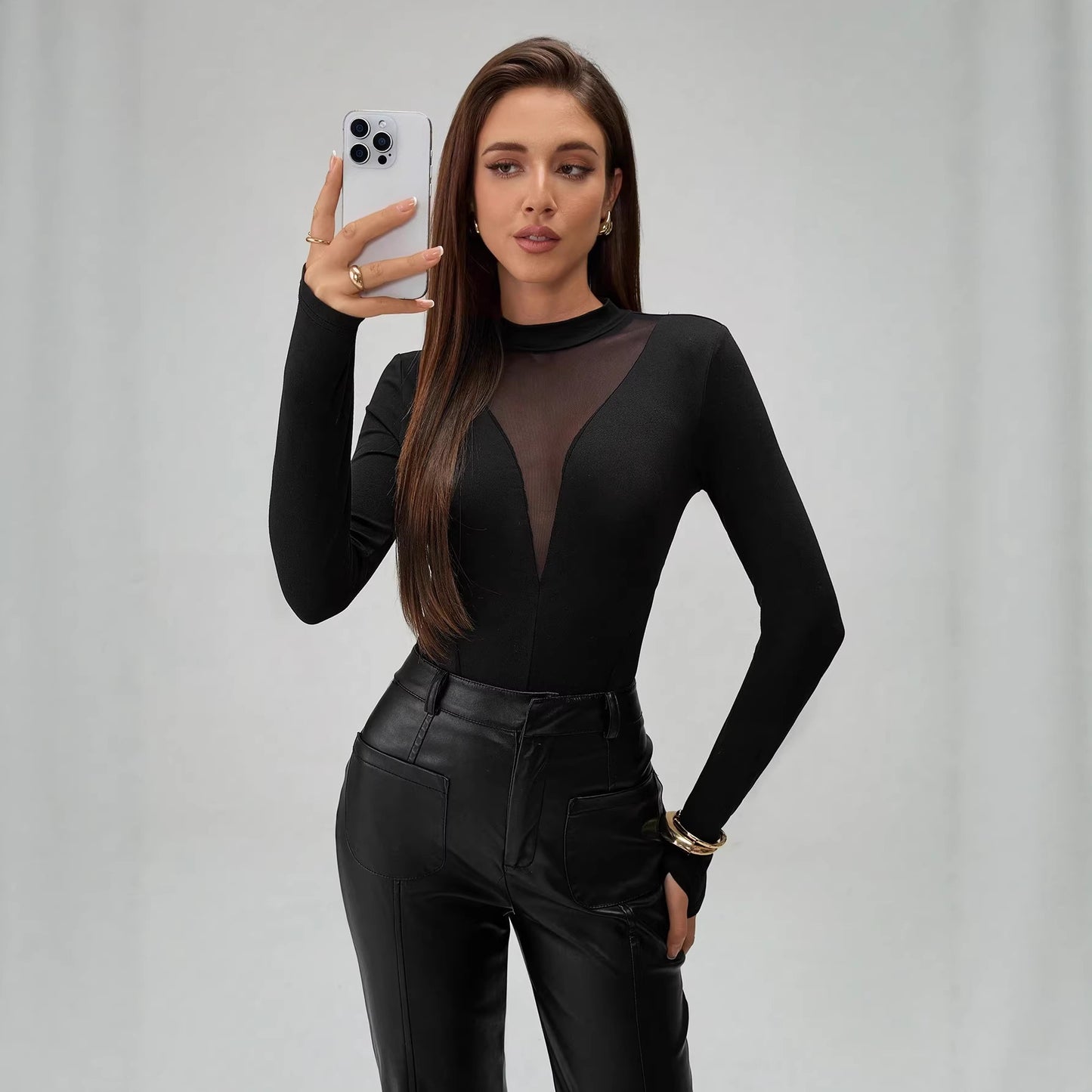 Mesh Sheer Long-Sleeve Bodysuit